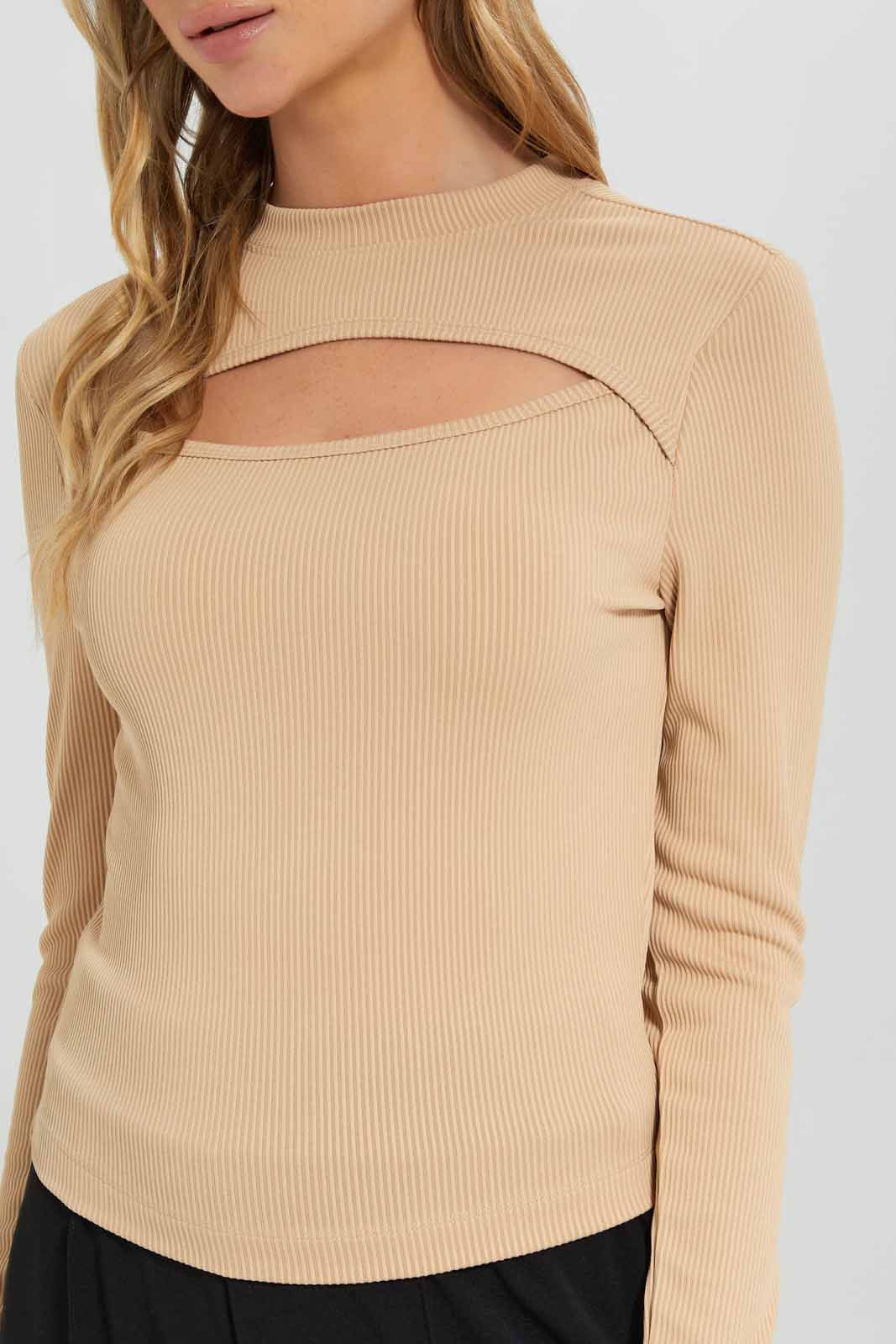 Redtag-Women-Beige-Peek-A-Boo-Rib-Top-Category:Tops,-Colour:Beige,-Deals:New-In,-Filter:Women's-Clothing,-New-In-Women-APL,-Non-Sale,-Section:Women,-W22B,-Women-Tops-Women's-