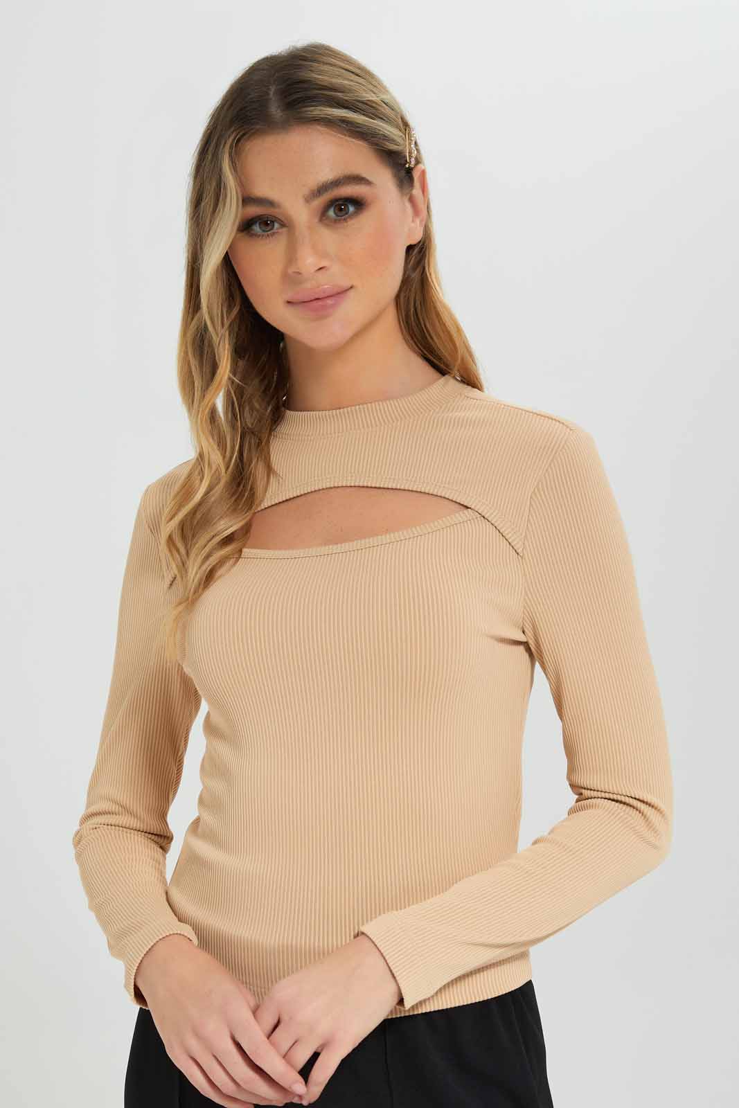 Redtag-Women-Beige-Peek-A-Boo-Rib-Top-Category:Tops,-Colour:Beige,-Deals:New-In,-Filter:Women's-Clothing,-New-In-Women-APL,-Non-Sale,-Section:Women,-W22B,-Women-Tops-Women's-