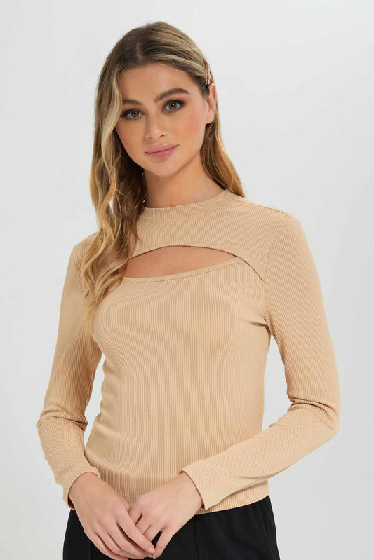 Redtag-Women-Beige-Peek-A-Boo-Rib-Top-Category:Tops,-Colour:Beige,-Deals:New-In,-Filter:Women's-Clothing,-New-In-Women-APL,-Non-Sale,-Section:Women,-W22B,-Women-Tops-Women's-