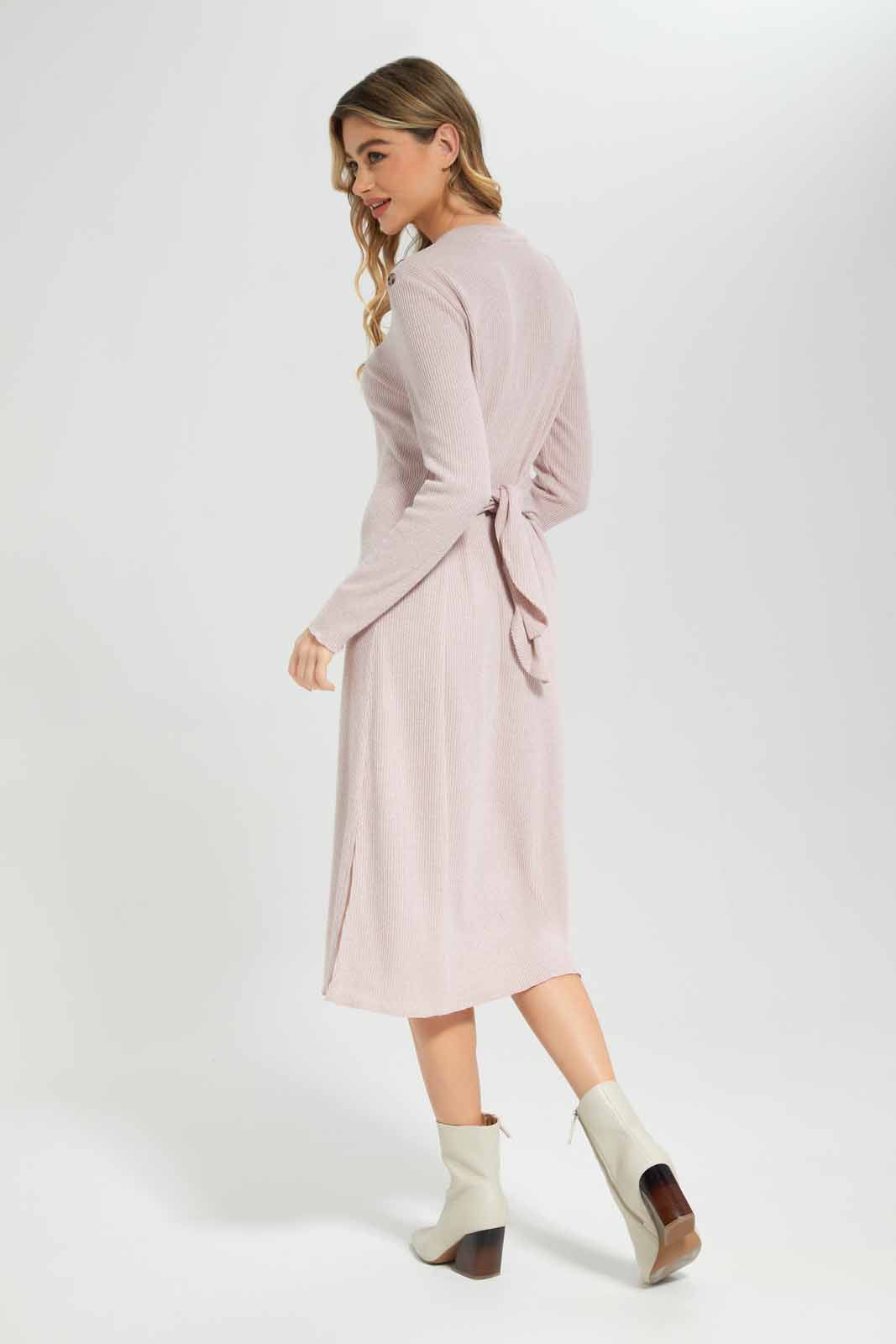 Redtag-Women-Pale-Pink-Front-Waist-Knot-Rib-Dress-Category:Dresses,-Colour:Apricot,-Deals:New-In,-Filter:Women's-Clothing,-New-In-Women-APL,-Non-Sale,-Section:Women,-W22B,-Women-Dresses-Women's-