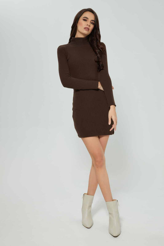 Redtag-Women-Brown-High-Neck-Rib-Dress-Category:Dresses,-Colour:Brown,-Deals:New-In,-Filter:Women's-Clothing,-New-In-Women-APL,-Non-Sale,-Section:Women,-W22B,-Women-Dresses-Women's-