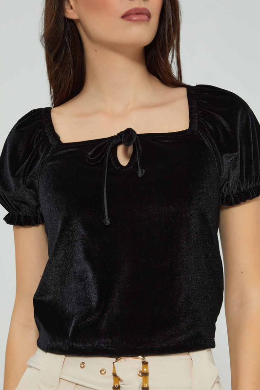 Redtag-Women-Black-Velour-Front-Tie-Knot-Detail-Top-Category:Tops,-Colour:Black,-Deals:New-In,-Filter:Women's-Clothing,-New-In-Women-APL,-Non-Sale,-Section:Women,-W22B,-Women-Tops-Women's-