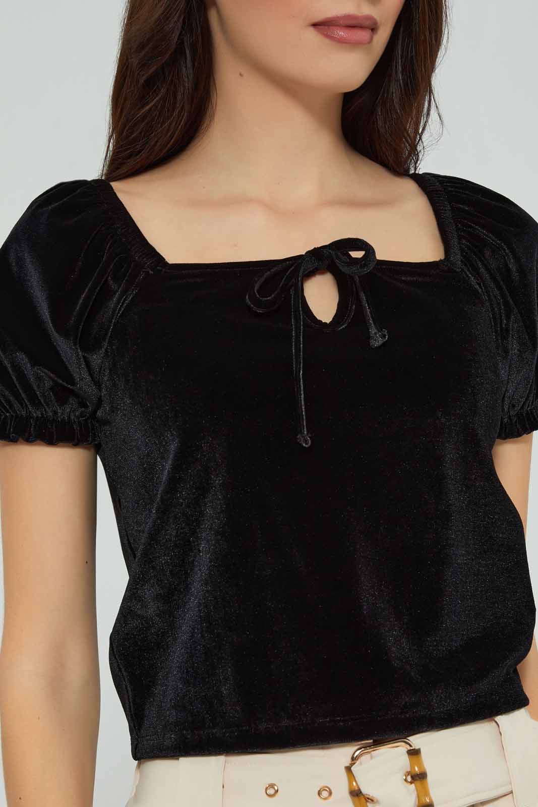 Redtag-Women-Black-Velour-Front-Tie-Knot-Detail-Top-Category:Tops,-Colour:Black,-Deals:New-In,-Filter:Women's-Clothing,-New-In-Women-APL,-Non-Sale,-Section:Women,-W22B,-Women-Tops-Women's-