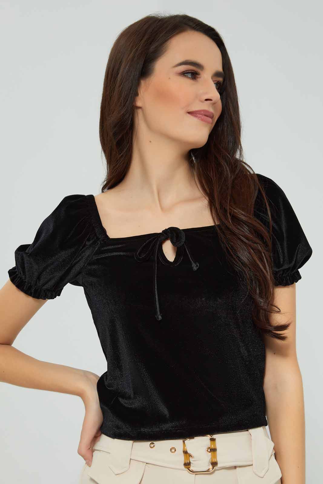 Redtag-Women-Black-Velour-Front-Tie-Knot-Detail-Top-Category:Tops,-Colour:Black,-Deals:New-In,-Filter:Women's-Clothing,-New-In-Women-APL,-Non-Sale,-Section:Women,-W22B,-Women-Tops-Women's-