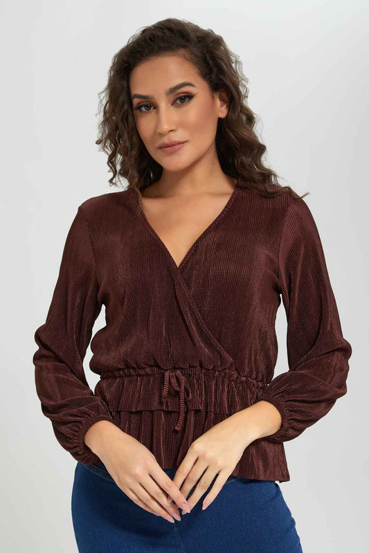 Redtag-Women-Brown-Plisse-Peplum-Top-Category:Tops,-Colour:Brown,-Deals:New-In,-Filter:Women's-Clothing,-New-In-Women-APL,-Non-Sale,-Section:Women,-W22B,-Women-Tops-Women's-