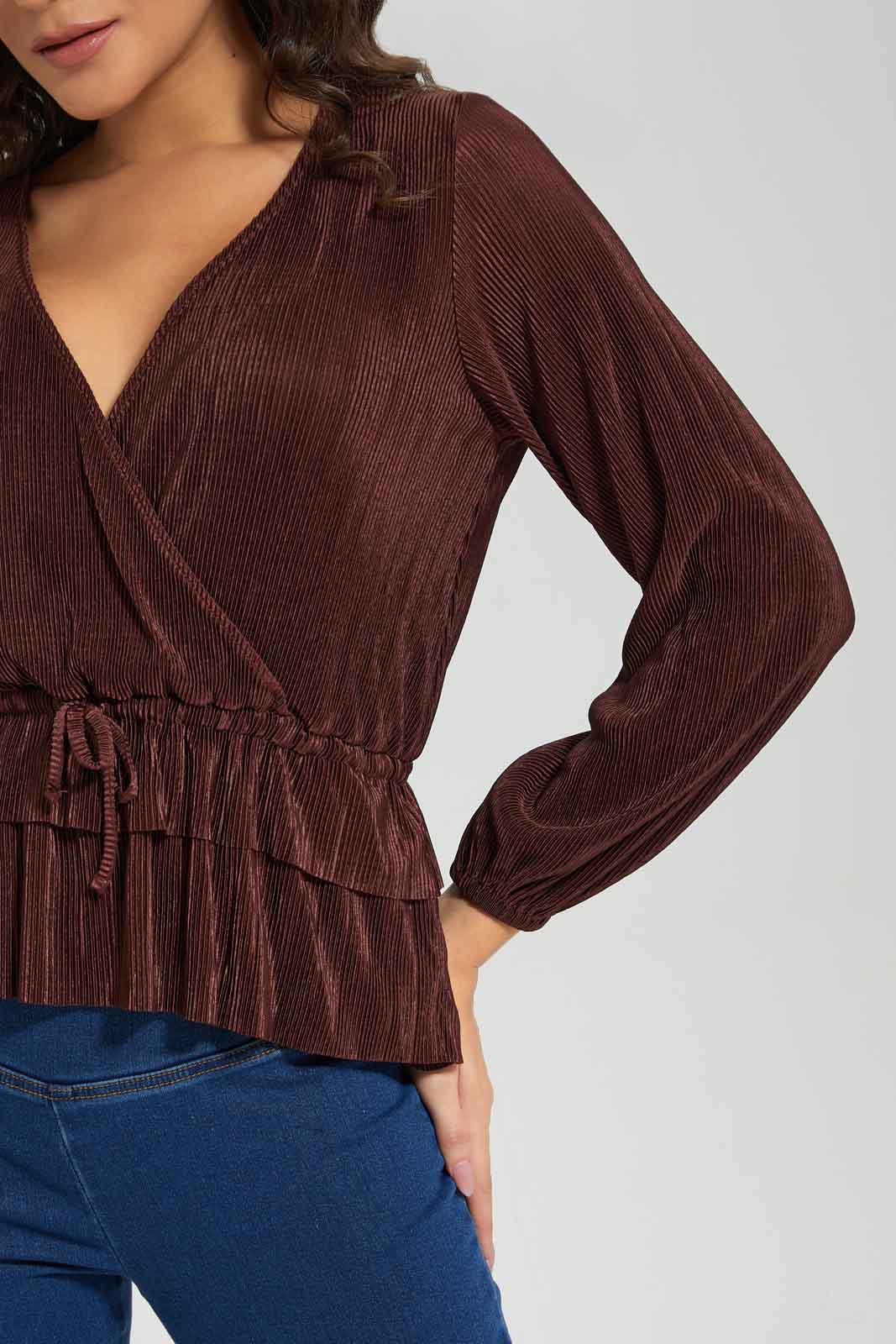 Redtag-Women-Brown-Plisse-Peplum-Top-Category:Tops,-Colour:Brown,-Deals:New-In,-Filter:Women's-Clothing,-New-In-Women-APL,-Non-Sale,-Section:Women,-W22B,-Women-Tops-Women's-