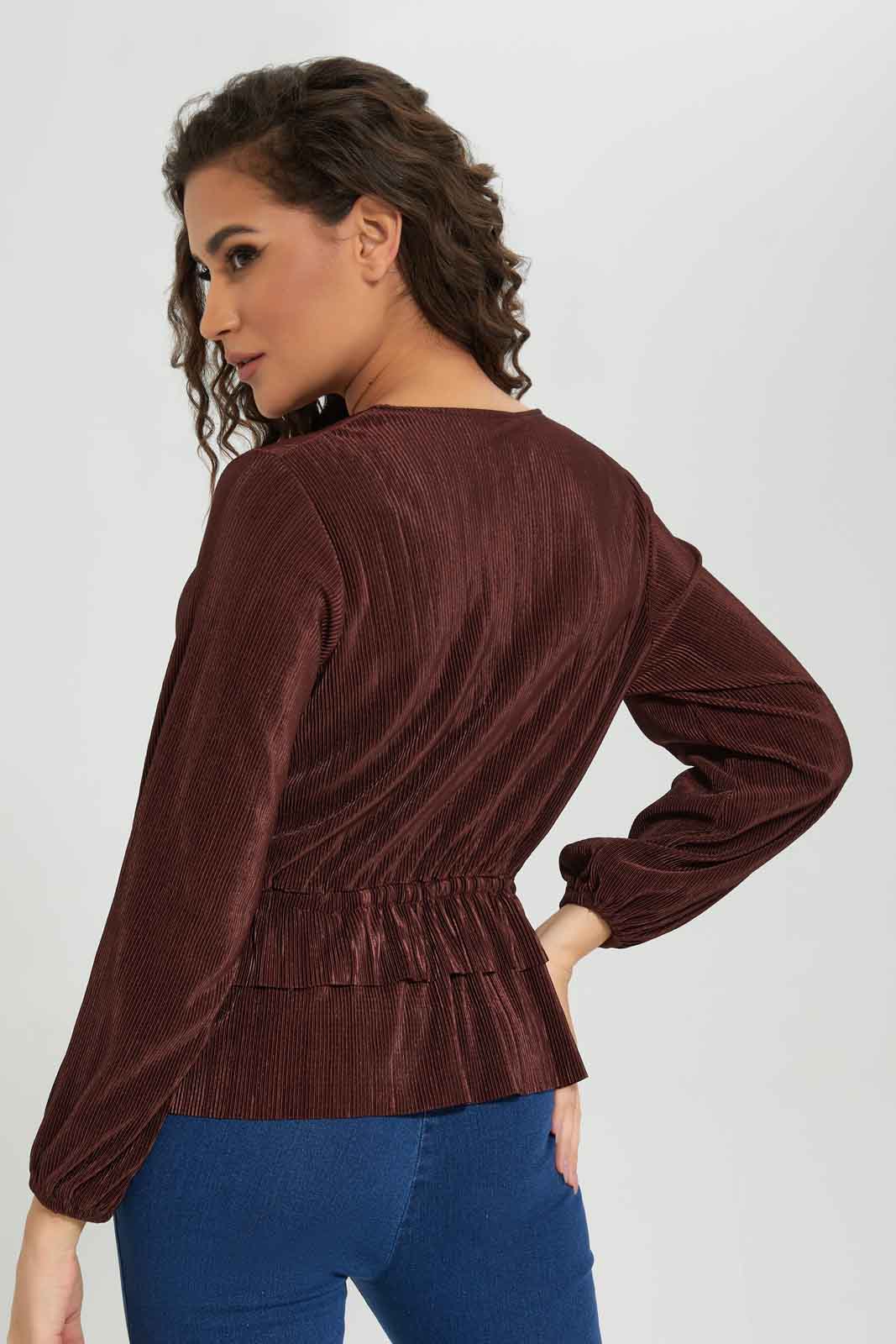 Redtag-Women-Brown-Plisse-Peplum-Top-Category:Tops,-Colour:Brown,-Deals:New-In,-Filter:Women's-Clothing,-New-In-Women-APL,-Non-Sale,-Section:Women,-W22B,-Women-Tops-Women's-