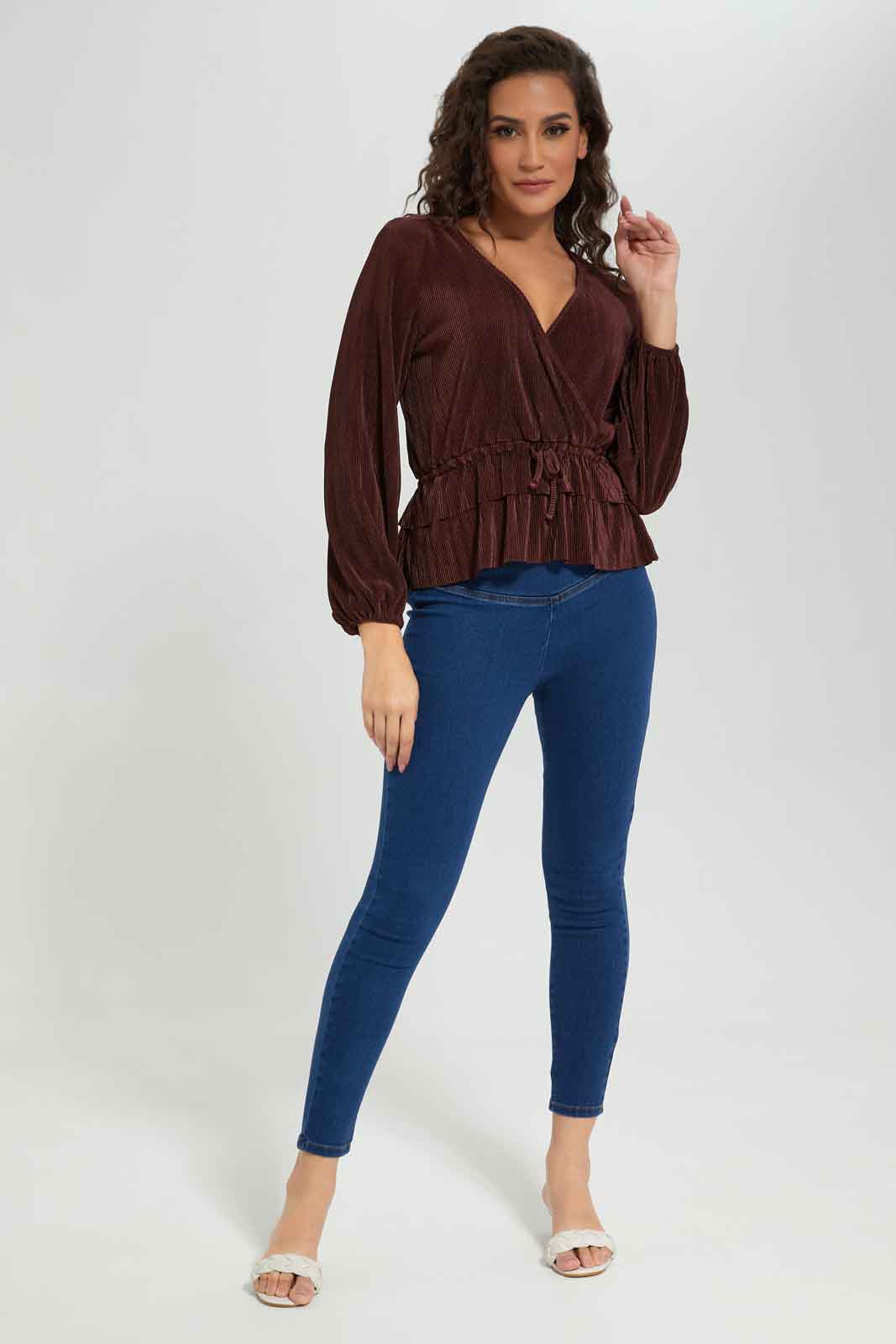 Redtag-Women-Brown-Plisse-Peplum-Top-Category:Tops,-Colour:Brown,-Deals:New-In,-Filter:Women's-Clothing,-New-In-Women-APL,-Non-Sale,-Section:Women,-W22B,-Women-Tops-Women's-