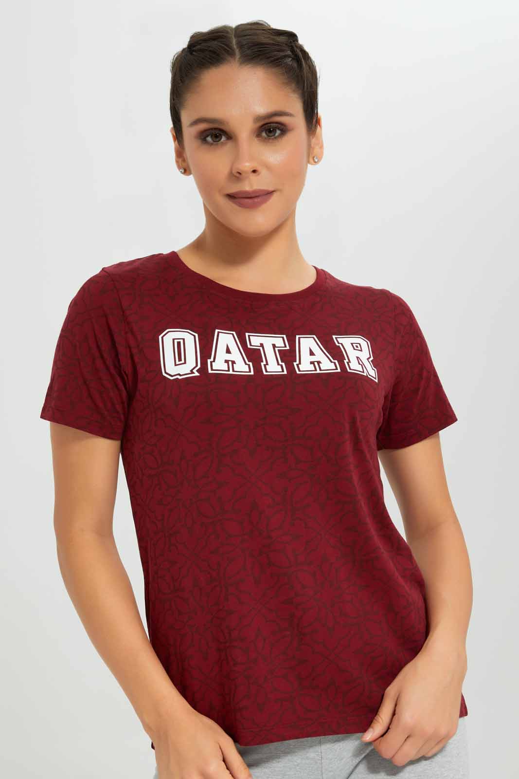 Redtag-Women-Burgandy-Qatar-Placement-Print-Active-T-Shirt-Category:T-Shirts,-Colour:Burgundy,-Deals:New-In,-Filter:Women's-Clothing,-FWC,-New-In-Women-APL,-Non-Sale,-Section:Women,-W22B,-Women-T-Shirts-Women's-