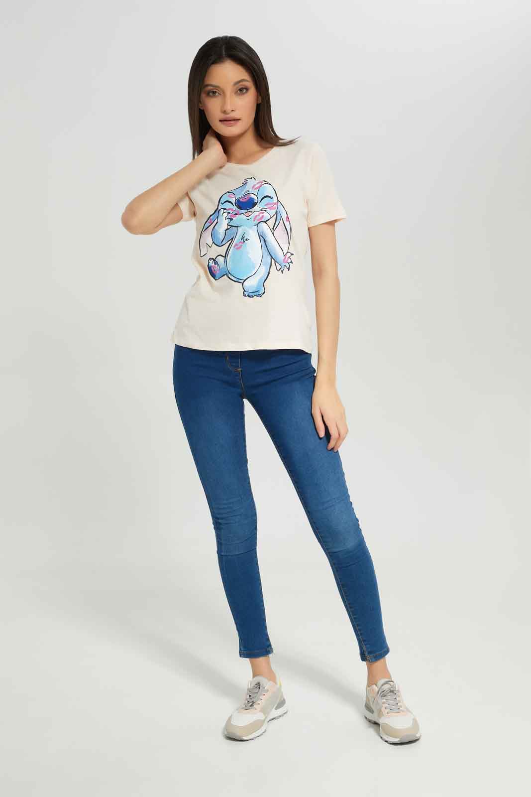 Redtag-Women-Pale-Pink-Stitch-Printed-T-Shirt-Category:T-Shirts,-Colour:Apricot,-Deals:New-In,-Dept:Ladieswear,-Filter:Women's-Clothing,-New-In-Women-APL,-Non-Sale,-Section:Women,-TBL,-W22A,-Women-T-Shirts-Women's-