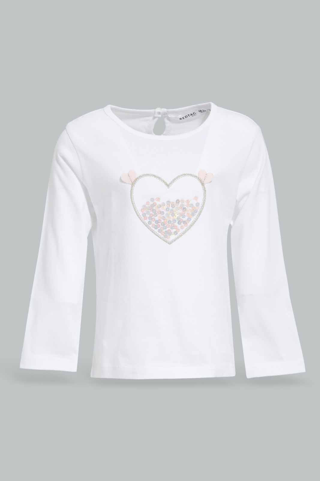 Redtag-Girls-White-Heart-Aftrowrk-T-Shirt-Category:T-Shirts,-Colour:White,-Deals:New-In,-Filter:Infant-Girls-(3-to-24-Mths),-ING-T-Shirts,-New-In-ING-APL,-Non-Sale,-Section:Girls-(0-to-14Yrs),-W22B-Infant-Girls-