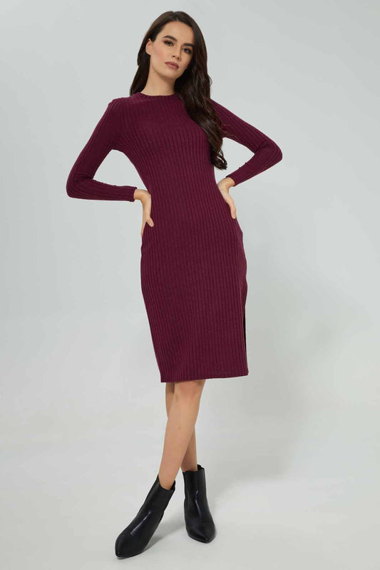 Women Burgundy Ribbed Dress