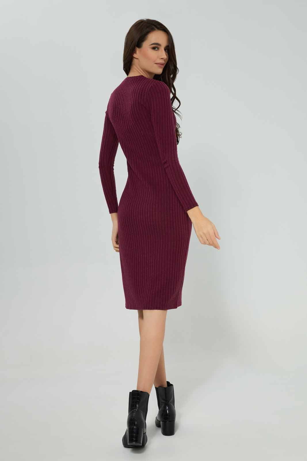 Women Burgundy Ribbed Dress