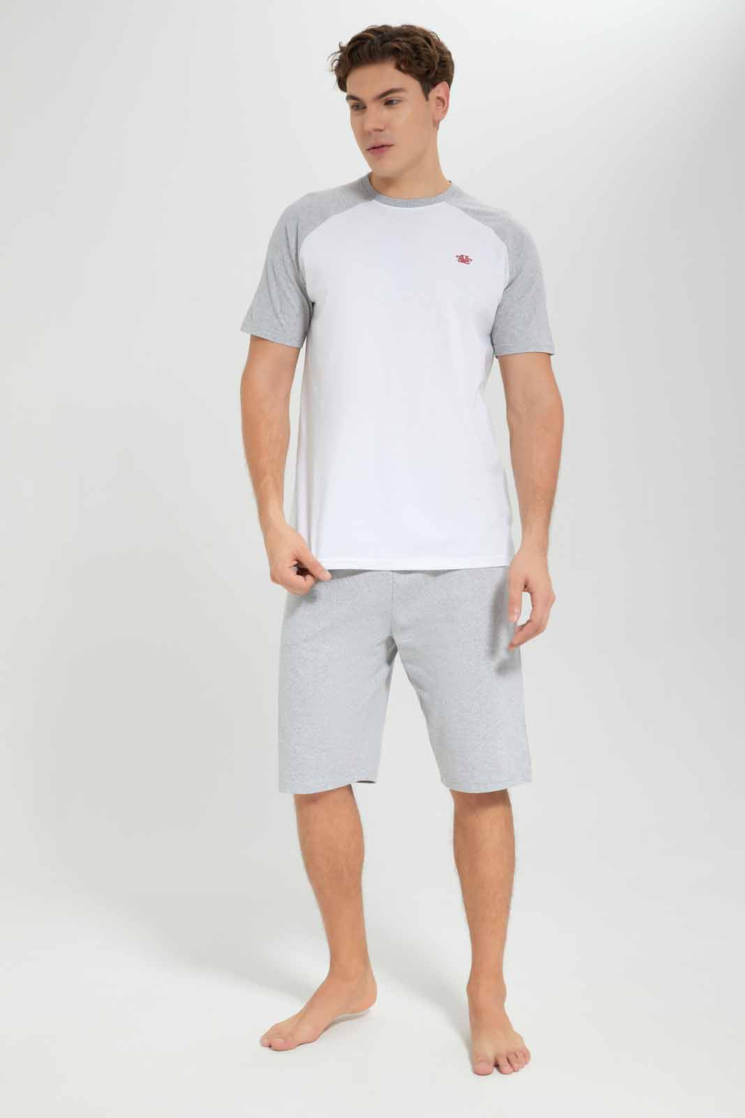 Redtag-Men-White-T---Shirt-With-Grey-Shorts-Pyjama-Set-(blank),-Category:Pyjama-Sets,-Colour:White,-Deals:New-In,-Filter:Men's-Clothing,-Men-Pyjama-Sets,-New-In-Men-APL,-Non-Sale,-Section:Men,-W22B-Men's-