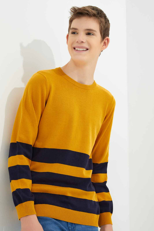 Redtag-Boys-Mustard-With-Navy-Stripe-Pullover-(blank),-BSR-Pullovers,-Category:Pullovers,-Colour:Mustard,-Deals:New-In,-Dept:Boys,-Filter:Senior-Boys-(8-to-14-Yrs),-New-In-BSR-APL,-Non-Sale,-Section:Boys-(0-to-14Yrs),-W22B-Senior-Boys-9 to 14 Years