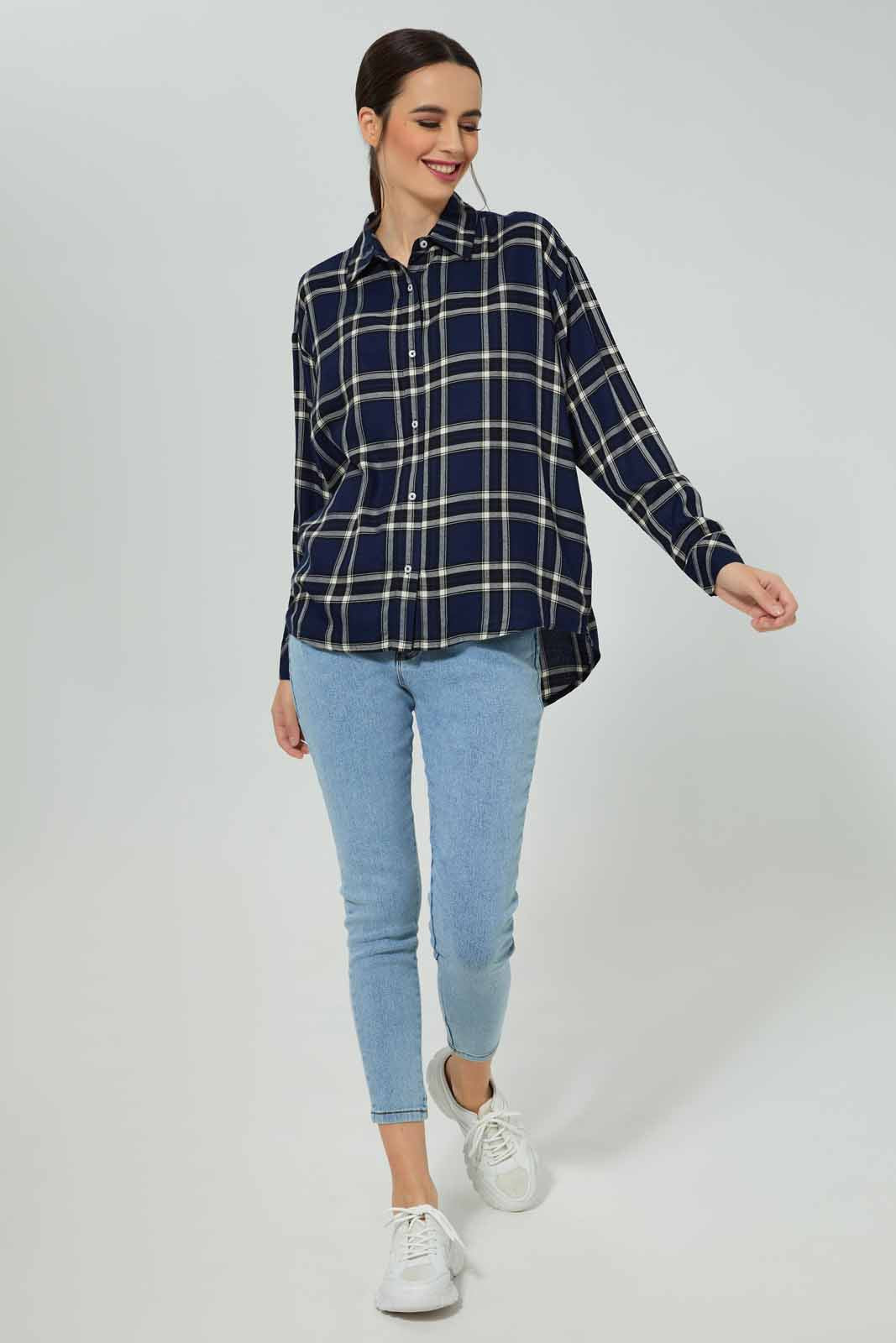 Redtag-Women-Navy-Collared-Check-Shirt-Category:Blouses,-Colour:Navy,-Deals:New-In,-Filter:Women's-Clothing,-New-In-Women-APL,-Non-Sale,-Section:Women,-W22B,-Women-Blouses-Women's-