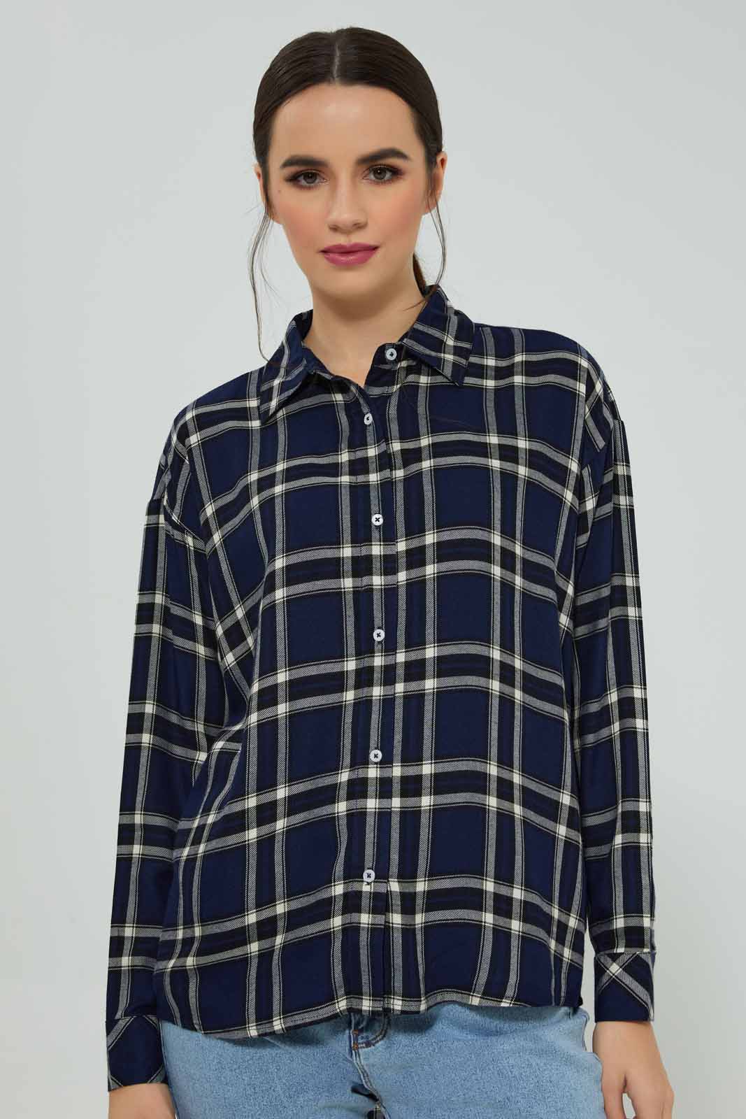 Redtag-Women-Navy-Collared-Check-Shirt-Category:Blouses,-Colour:Navy,-Deals:New-In,-Filter:Women's-Clothing,-New-In-Women-APL,-Non-Sale,-Section:Women,-W22B,-Women-Blouses-Women's-
