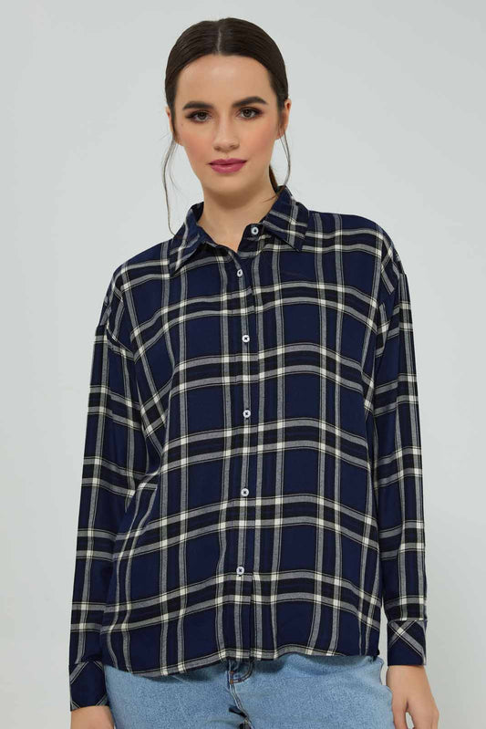 Redtag-Women-Navy-Collared-Check-Shirt-Category:Blouses,-Colour:Navy,-Deals:New-In,-Filter:Women's-Clothing,-New-In-Women-APL,-Non-Sale,-Section:Women,-W22B,-Women-Blouses-Women's-