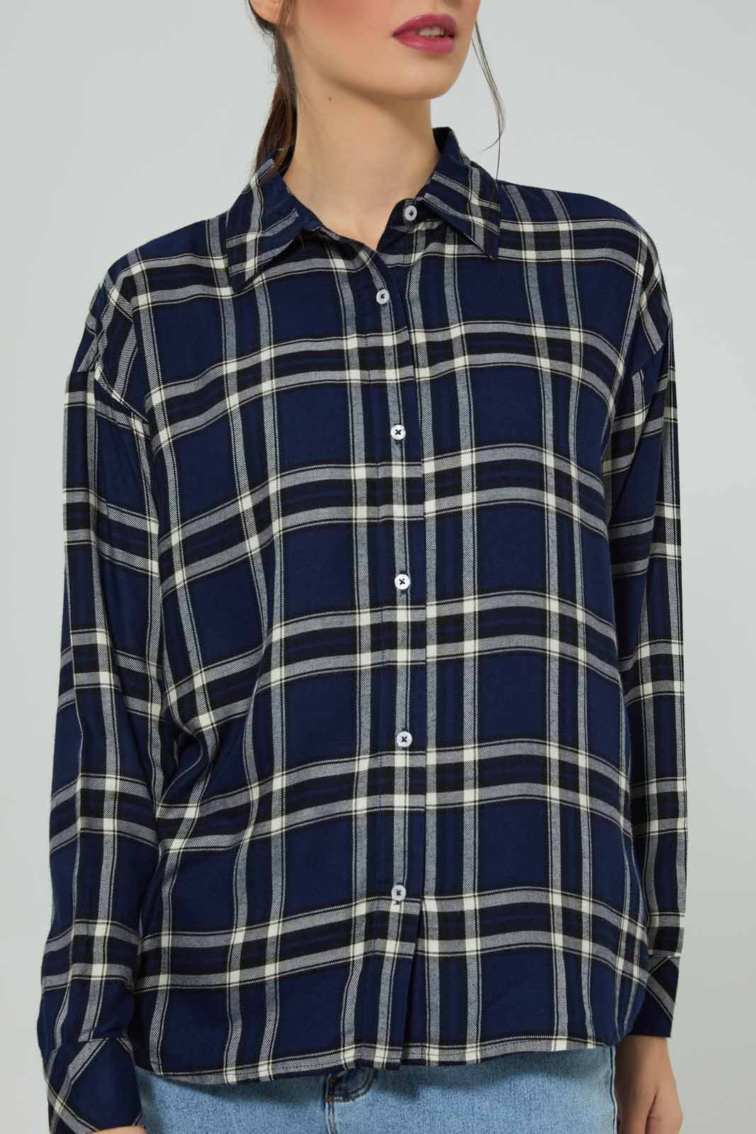 Redtag-Women-Navy-Collared-Check-Shirt-Category:Blouses,-Colour:Navy,-Deals:New-In,-Filter:Women's-Clothing,-New-In-Women-APL,-Non-Sale,-Section:Women,-W22B,-Women-Blouses-Women's-