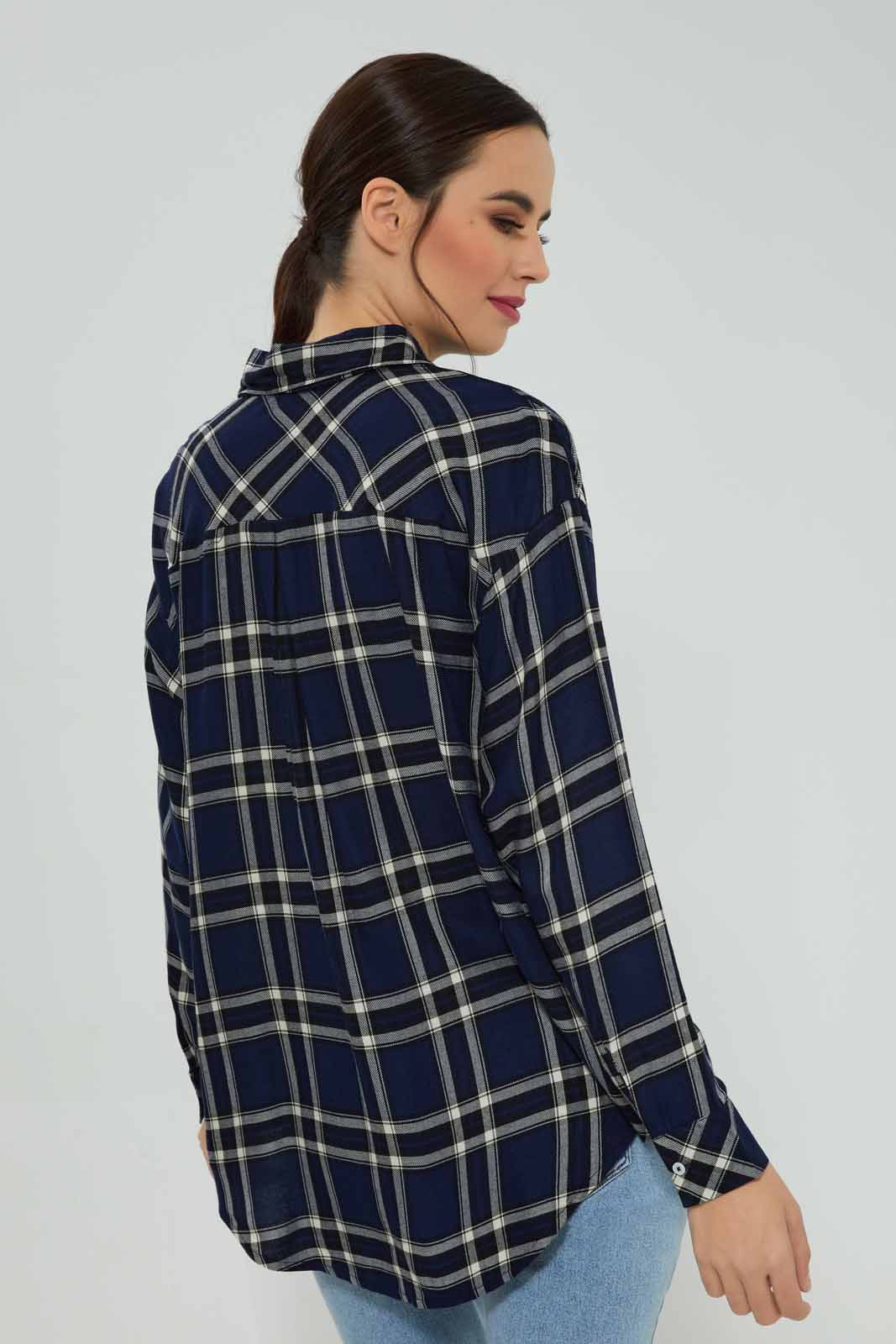 Redtag-Women-Navy-Collared-Check-Shirt-Category:Blouses,-Colour:Navy,-Deals:New-In,-Filter:Women's-Clothing,-New-In-Women-APL,-Non-Sale,-Section:Women,-W22B,-Women-Blouses-Women's-