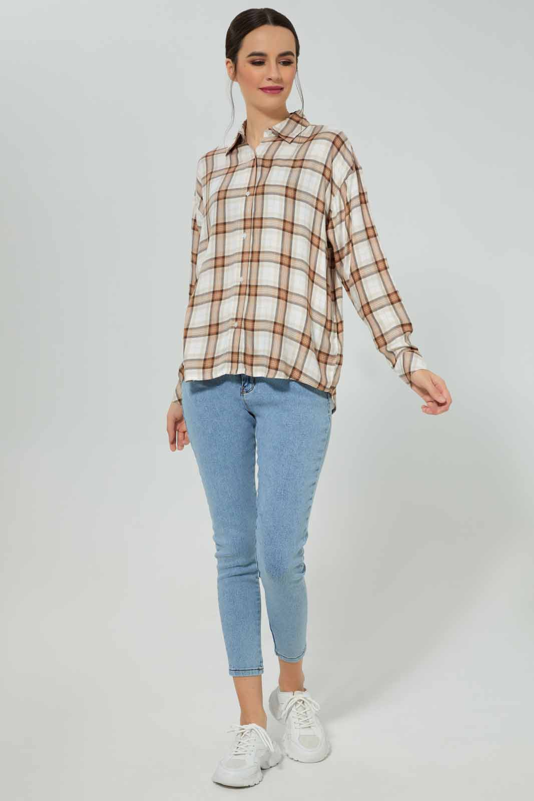 Redtag-Women-Beige-Collared-Check-Shirt-Category:Blouses,-Colour:Beige,-Deals:New-In,-Filter:Women's-Clothing,-New-In-Women-APL,-Non-Sale,-Section:Women,-W22B,-Women-Blouses-Women's-