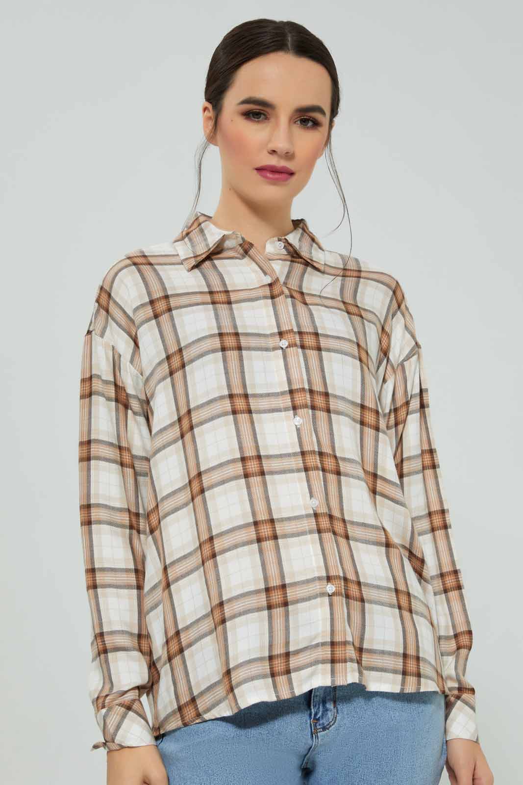 Redtag-Women-Beige-Collared-Check-Shirt-Category:Blouses,-Colour:Beige,-Deals:New-In,-Filter:Women's-Clothing,-New-In-Women-APL,-Non-Sale,-Section:Women,-W22B,-Women-Blouses-Women's-