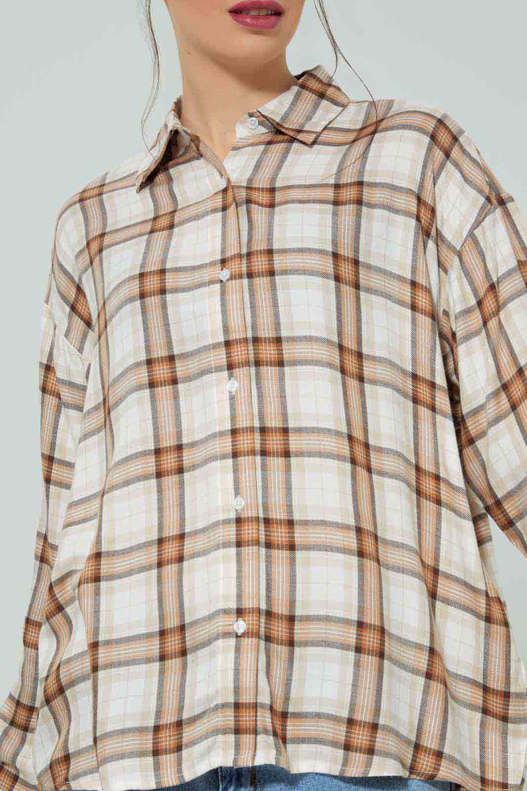 Redtag-Women-Beige-Collared-Check-Shirt-Category:Blouses,-Colour:Beige,-Deals:New-In,-Filter:Women's-Clothing,-New-In-Women-APL,-Non-Sale,-Section:Women,-W22B,-Women-Blouses-Women's-