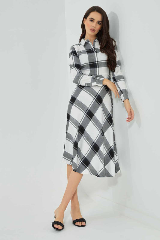Redtag-Women-Black/-White-Collared-Check-Shirt-Category:Dresses,-Colour:Assorted,-Deals:New-In,-Filter:Women's-Clothing,-New-In-Women-APL,-Non-Sale,-Section:Women,-W22B,-Women-Dresses-Women's-