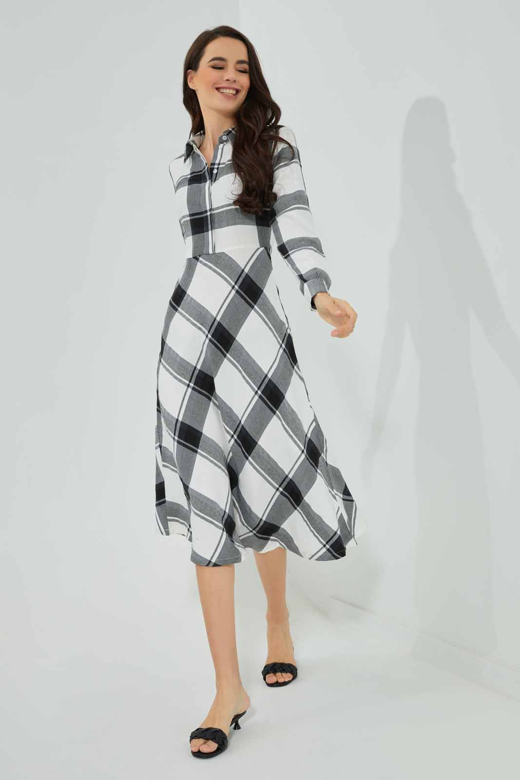 Redtag-Women-Black/-White-Collared-Check-Shirt-Category:Dresses,-Colour:Assorted,-Deals:New-In,-Filter:Women's-Clothing,-New-In-Women-APL,-Non-Sale,-Section:Women,-W22B,-Women-Dresses-Women's-