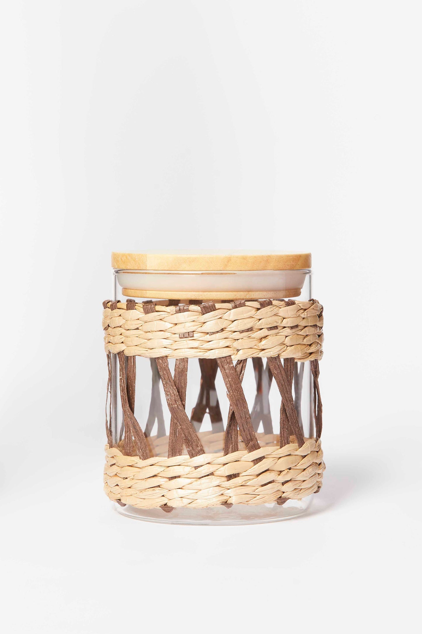 Redtag-Brown-Glass-Jar-With-Weaving-And-Wooden-Lid-(Small)-Category:Canisters-And-Jars,-Colour:Brown,-Deals:New-In,-Dept:Home,-Filter:Home-Dining,-HMW-DIN-Storage,-New-In-HMW-DIN,-Non-Sale,-S23A,-Section:Homewares-Home-Dining-