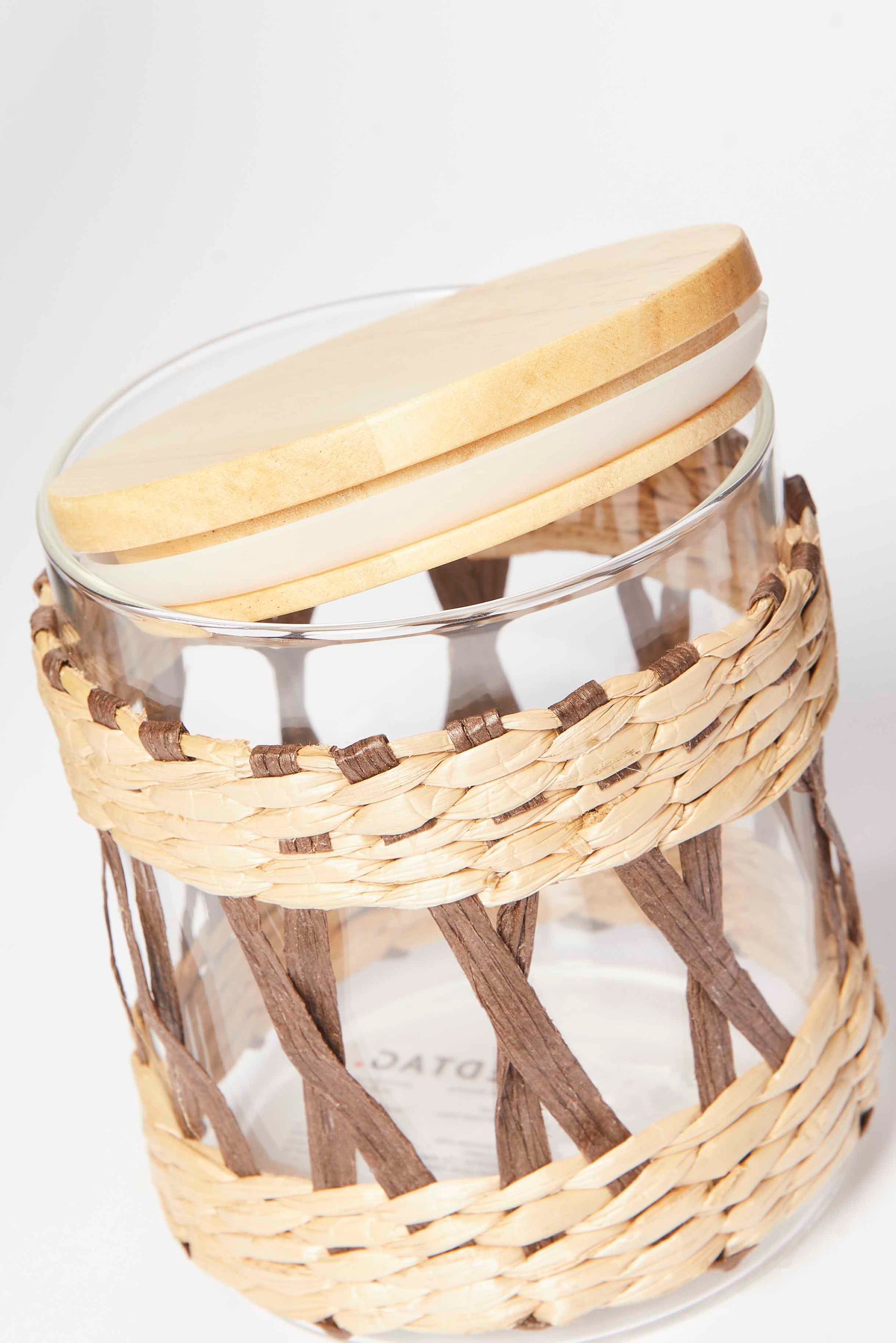 Redtag-Brown-Glass-Jar-With-Weaving-And-Wooden-Lid-(Small)-Category:Canisters-And-Jars,-Colour:Brown,-Deals:New-In,-Dept:Home,-Filter:Home-Dining,-HMW-DIN-Storage,-New-In-HMW-DIN,-Non-Sale,-S23A,-Section:Homewares-Home-Dining-