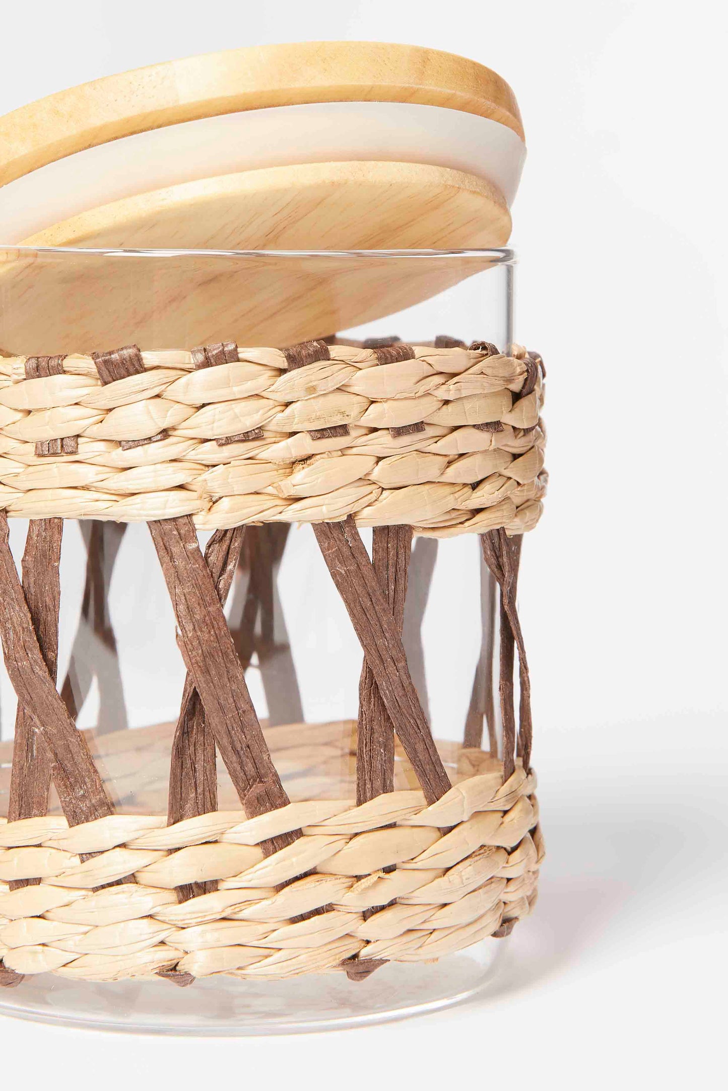 Redtag-Brown-Glass-Jar-With-Weaving-And-Wooden-Lid-(Small)-Category:Canisters-And-Jars,-Colour:Brown,-Deals:New-In,-Dept:Home,-Filter:Home-Dining,-HMW-DIN-Storage,-New-In-HMW-DIN,-Non-Sale,-S23A,-Section:Homewares-Home-Dining-