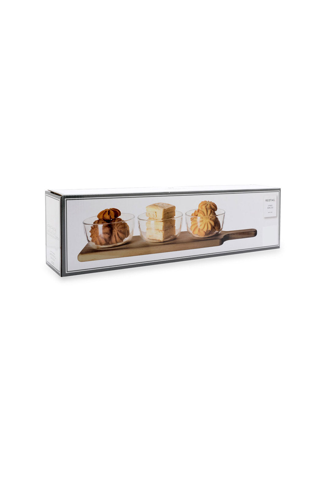 Redtag-Clear-Glass-Serving-Set-With-Wooden-Tray-(3-Piece)-Category:Bowls,-Colour:White,-Deals:New-In,-Dept:Home,-Filter:Home-Dining,-HMW-DIN-Serveware,-New-In-HMW-DIN,-Non-Sale,-S23A,-Section:Homewares-Home-Dining-