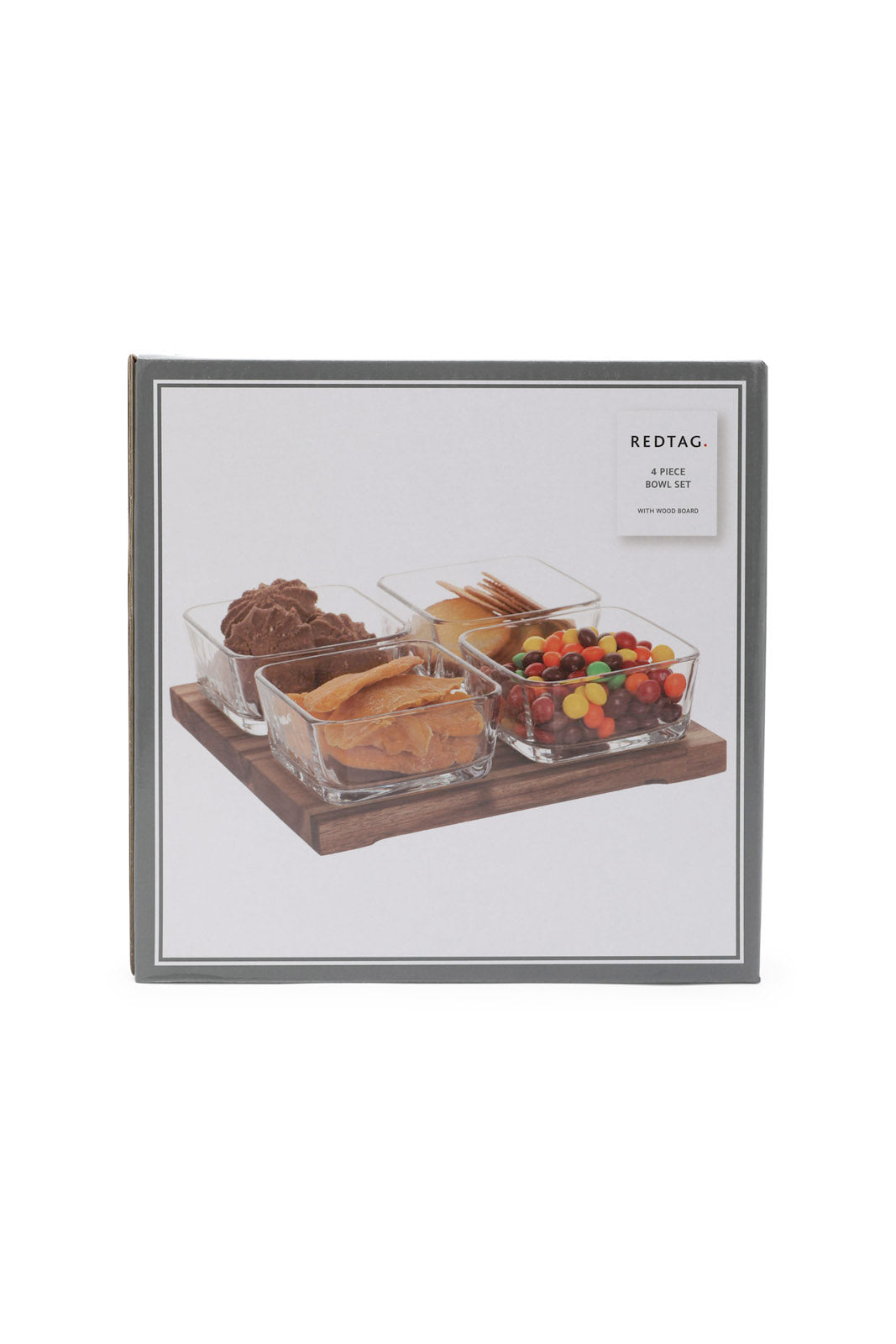 Redtag-Clear-Glass-Square-Bowl-With-Wooden-Tray-(4-Piece)-Category:Bowls,-Colour:White,-Deals:New-In,-Dept:Home,-Filter:Home-Dining,-HMW-DIN-Serveware,-New-In-HMW-DIN,-Non-Sale,-S23A,-Section:Homewares-Home-Dining-
