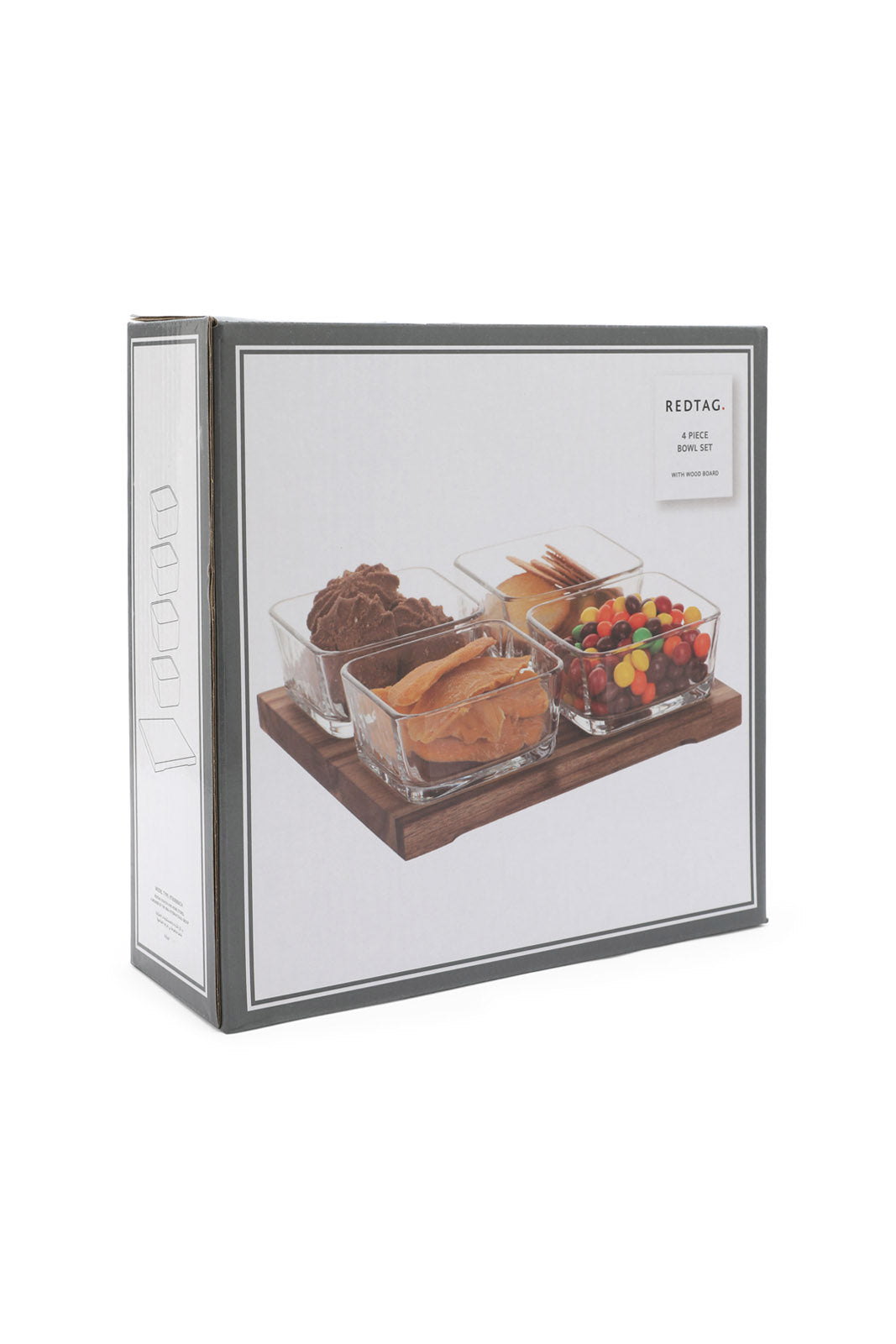 Redtag-Clear-Glass-Square-Bowl-With-Wooden-Tray-(4-Piece)-Category:Bowls,-Colour:White,-Deals:New-In,-Dept:Home,-Filter:Home-Dining,-HMW-DIN-Serveware,-New-In-HMW-DIN,-Non-Sale,-S23A,-Section:Homewares-Home-Dining-
