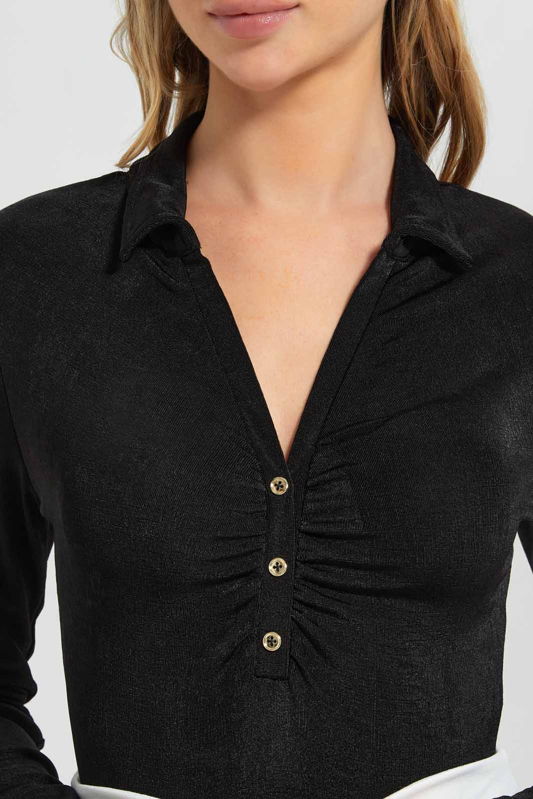 Redtag-Women-Black-Front-Ruching-Bodysuit-Category:Tops,-Colour:Black,-Deals:New-In,-Filter:Women's-Clothing,-New-In-Women-APL,-Non-Sale,-Section:Women,-W22B,-Women-Tops-Women's-