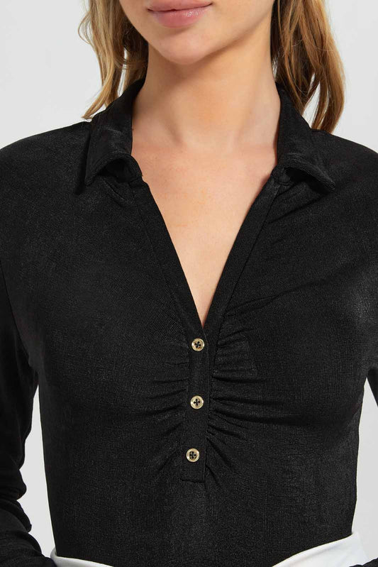 Redtag-Women-Black-Front-Ruching-Bodysuit-Category:Tops,-Colour:Black,-Deals:New-In,-Filter:Women's-Clothing,-New-In-Women-APL,-Non-Sale,-Section:Women,-W22B,-Women-Tops-Women's-