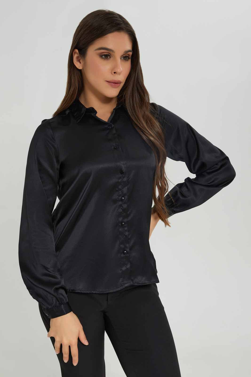 Redtag-Women-Black-Satin-Shirt-Category:Blouses,-Colour:Black,-Deals:New-In,-Dept:Ladieswear,-Filter:Women's-Clothing,-New-In-Women-APL,-Non-Sale,-Section:Women,-W22B,-Women-Blouses-Women's-