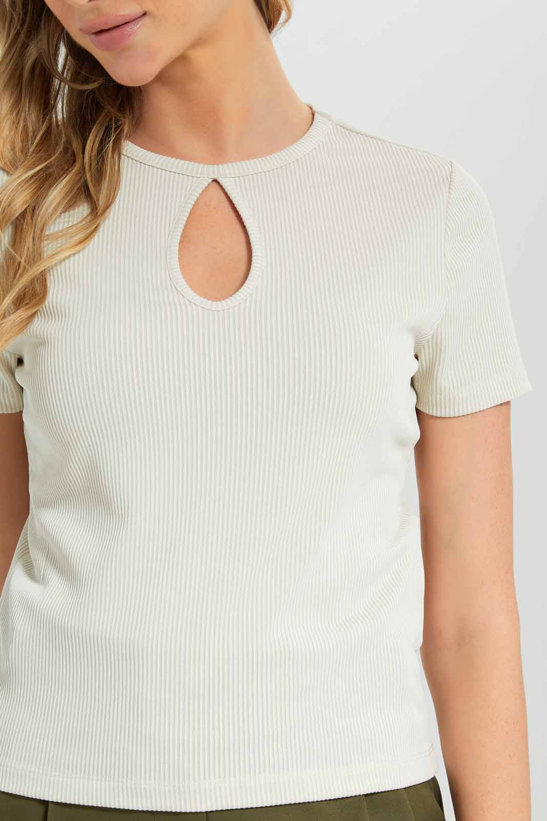 Redtag-Women-Ecru-Short-Sleeve-Rib-Keyhole-Category:Tops,-Colour:Ecru,-Deals:New-In,-Filter:Women's-Clothing,-New-In-Women-APL,-Non-Sale,-Section:Women,-W22B,-Women-Tops-Women's-