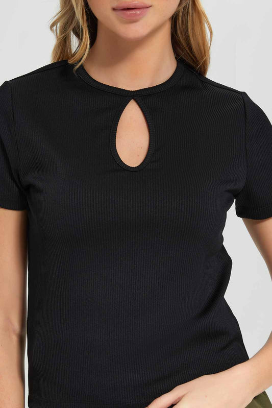Redtag-Women-Black-Short-Sleeve-Rib-Keyhole-Category:Tops,-Colour:Black,-Deals:New-In,-Filter:Women's-Clothing,-New-In-Women-APL,-Non-Sale,-Section:Women,-W22B,-Women-Tops-Women's-