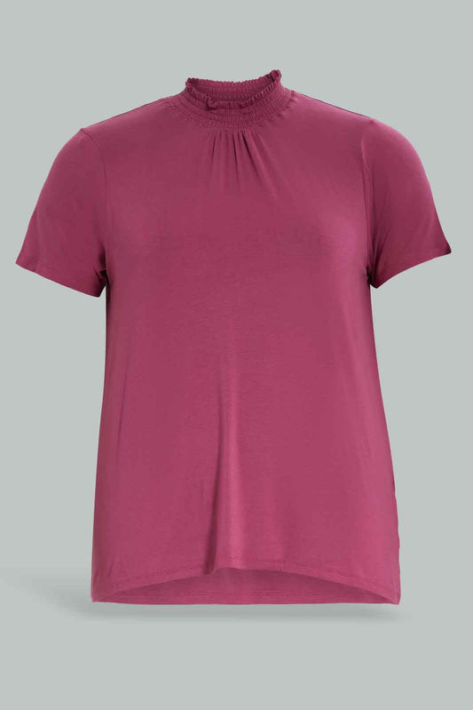 Redtag-Women-Dark-Pink-Smocked-Neck-Jersey-Top-Category:Tops,-Colour:Crimson,-Deals:New-In,-Filter:Plus-Size,-LDP-Tops,-New-In-LDP-APL,-Non-Sale,-Section:Women,-W22B-Women's-