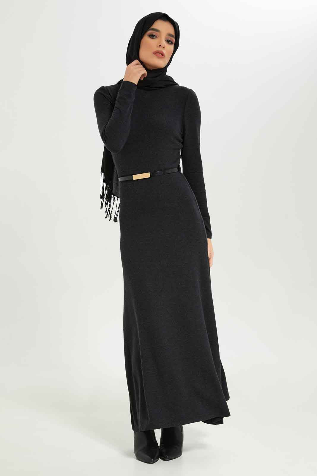 Redtag-Women-Ribbed-Knitted-Flared-Hem-Dress-With-Belt-Category:Dresses,-Colour:Charcoal,-Deals:New-In,-Dept:Ladieswear,-Filter:Women's-Clothing,-LMC,-Modest,-New-In-Women-APL,-Non-Sale,-Section:Women,-W22B,-Women-Dresses--