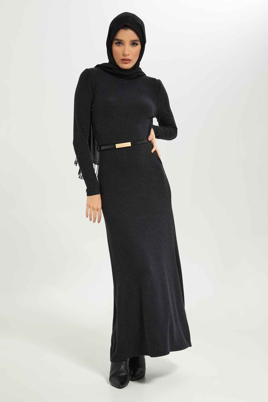 Redtag-Women-Ribbed-Knitted-Flared-Hem-Dress-With-Belt-Category:Dresses,-Colour:Charcoal,-Deals:New-In,-Dept:Ladieswear,-Filter:Women's-Clothing,-LMC,-Modest,-New-In-Women-APL,-Non-Sale,-Section:Women,-W22B,-Women-Dresses--