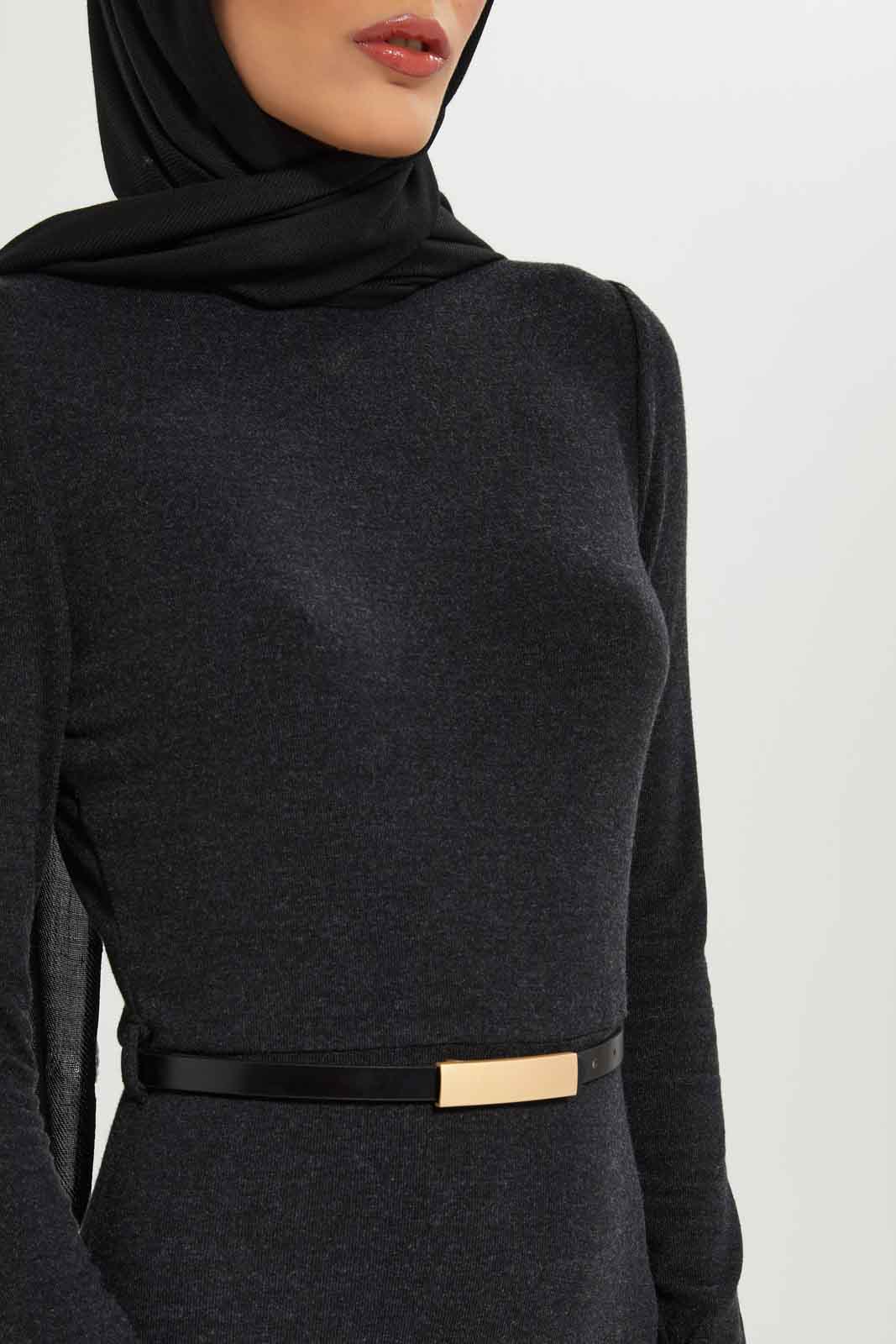 Redtag-Women-Ribbed-Knitted-Flared-Hem-Dress-With-Belt-Category:Dresses,-Colour:Charcoal,-Deals:New-In,-Dept:Ladieswear,-Filter:Women's-Clothing,-LMC,-Modest,-New-In-Women-APL,-Non-Sale,-Section:Women,-W22B,-Women-Dresses--