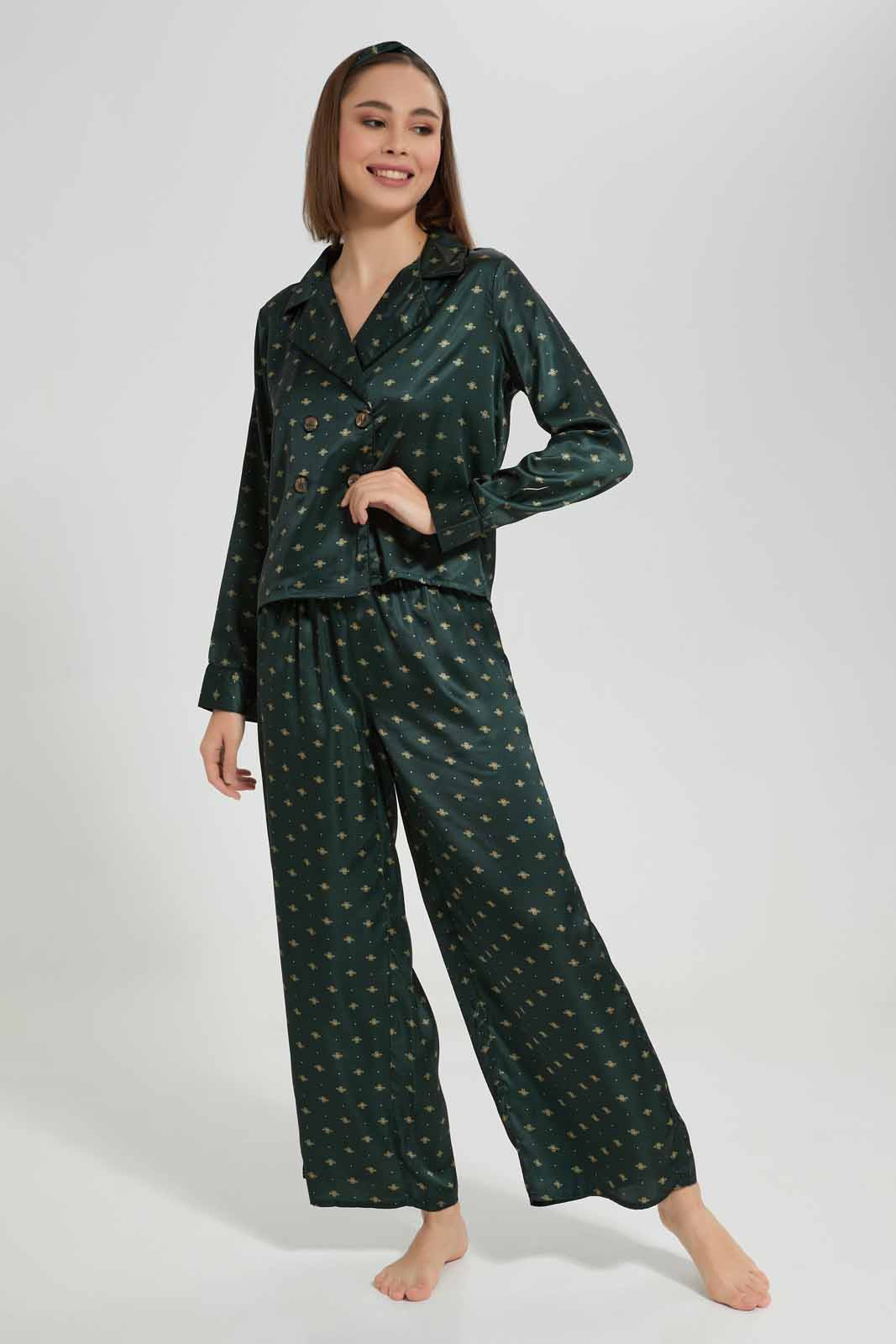 Redtag-Women-Green-Satin-Aop-Pjs-With-Headband-Category:Pyjama-Sets,-Colour:Green,-Deals:New-In,-Filter:Women's-Clothing,-New-In-Women-APL,-Non-Sale,-Section:Women,-W22A,-Women-Pyjama-Sets--