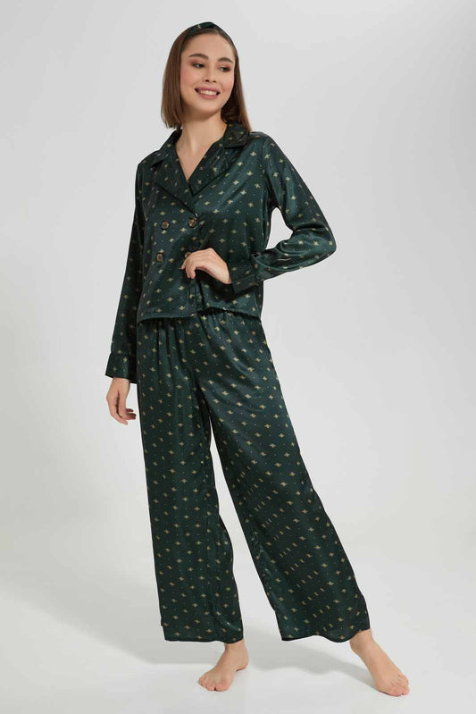 Redtag-Women-Green-Satin-Aop-Pjs-With-Headband-Category:Pyjama-Sets,-Colour:Green,-Deals:New-In,-Filter:Women's-Clothing,-New-In-Women-APL,-Non-Sale,-Section:Women,-W22A,-Women-Pyjama-Sets--