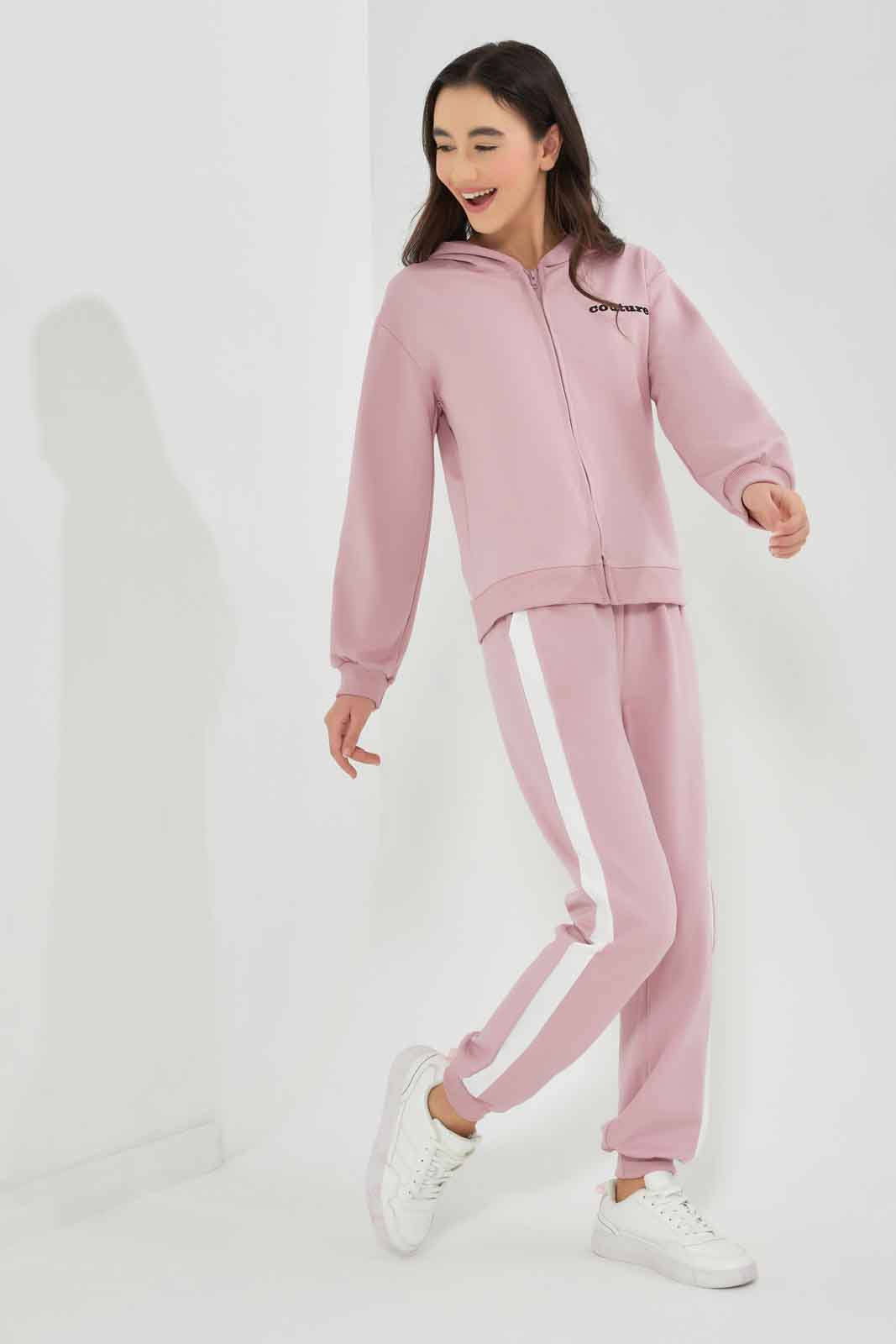 Redtag-Girls-Pink-Melange-Hoody-Zip-Thru-Jogsuit-Category:Jog-Sets,-Colour:Apricot,-Deals:New-In,-Dept:Girls,-Filter:Senior-Girls-(8-to-14-Yrs),-GSR-Jog-Sets,-New-In-GSR-APL,-Non-Sale,-Section:Girls-(0-to-14Yrs),-W22B--