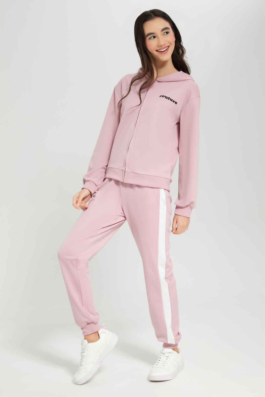 Redtag-Girls-Pink-Melange-Hoody-Zip-Thru-Jogsuit-Category:Jog-Sets,-Colour:Apricot,-Deals:New-In,-Dept:Girls,-Filter:Senior-Girls-(8-to-14-Yrs),-GSR-Jog-Sets,-New-In-GSR-APL,-Non-Sale,-Section:Girls-(0-to-14Yrs),-W22B--