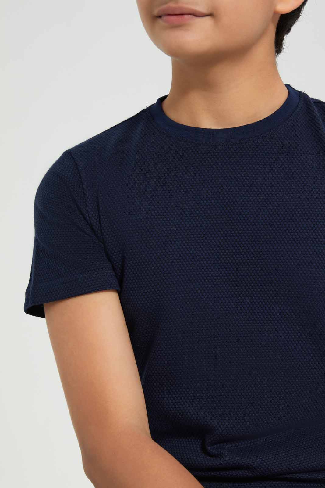Redtag-Boys-Navy-Plain-Jacquard-Tee-BSR-T-Shirts,-Category:T-Shirts,-Colour:Navy,-Deals:New-In,-Filter:Senior-Boys-(8-to-14-Yrs),-New-In-BSR-APL,-Non-Sale,-Section:Boys-(0-to-14Yrs),-W22B-Senior-Boys-9 to 14 Years