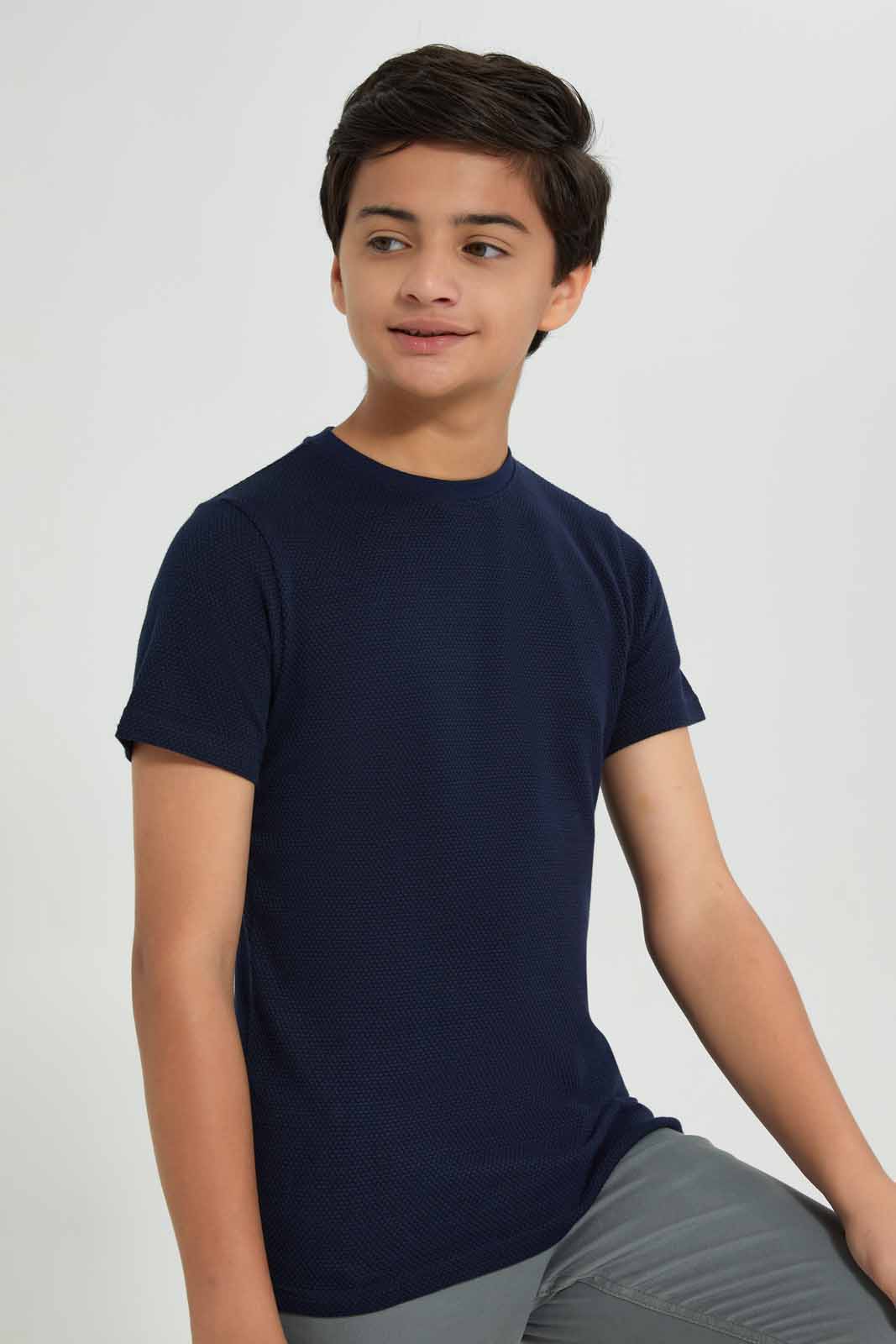 Redtag-Boys-Navy-Plain-Jacquard-Tee-BSR-T-Shirts,-Category:T-Shirts,-Colour:Navy,-Deals:New-In,-Filter:Senior-Boys-(8-to-14-Yrs),-New-In-BSR-APL,-Non-Sale,-Section:Boys-(0-to-14Yrs),-W22B-Senior-Boys-9 to 14 Years